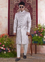 Thumbnail for Raivat Ethnic Banarasi Jacquard Embroidery Indo Western Sherwani In Grey Colour - Distacart
