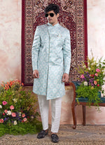 Thumbnail for Raivat Ethnic Banarasi Jacquard Embroidery Indo Western Sherwani In Green Colour - Distacart