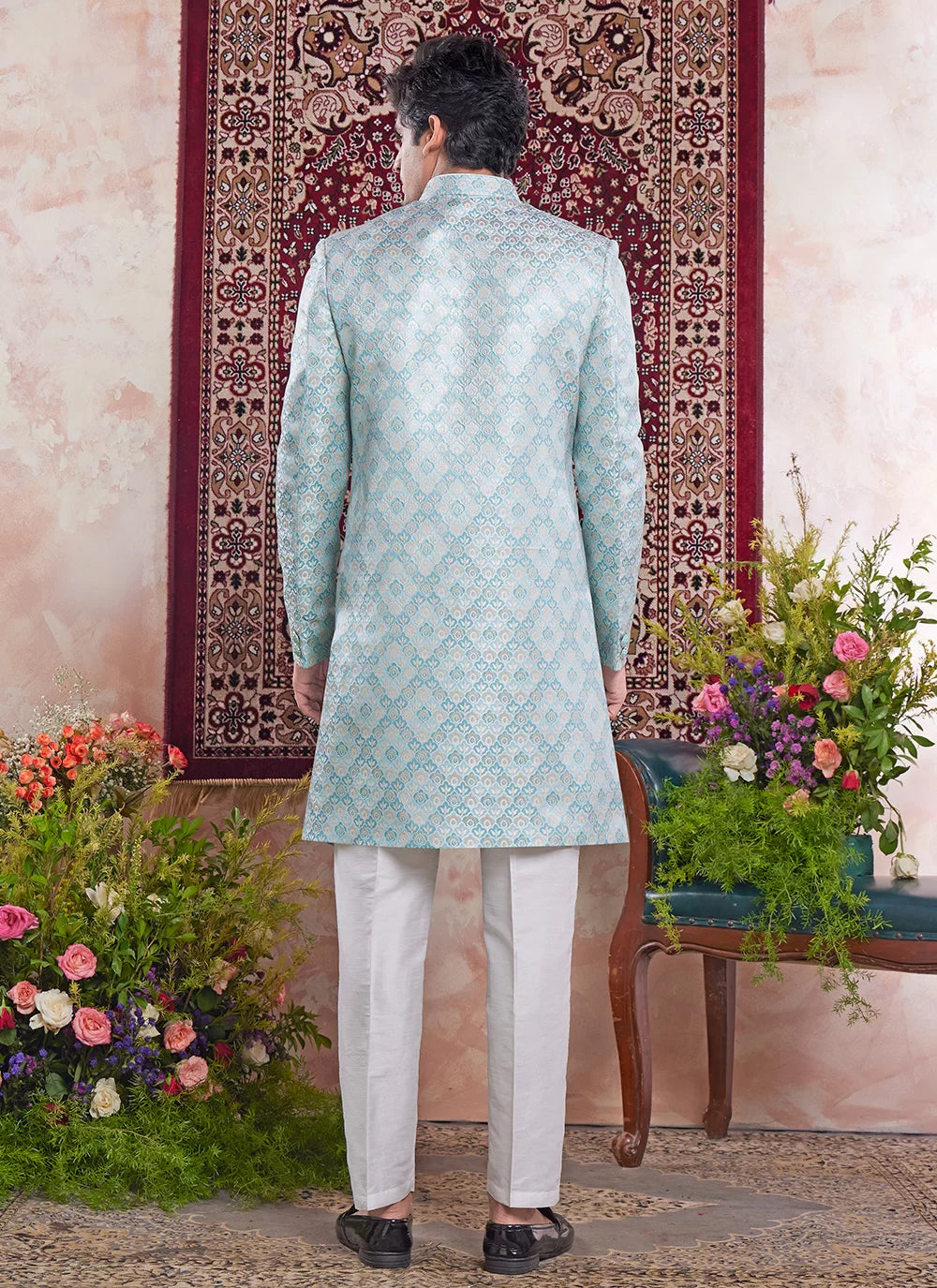 Raivat Ethnic Banarasi Jacquard Embroidery Indo Western Sherwani In Green Colour - Distacart