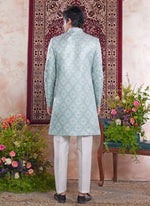 Thumbnail for Raivat Ethnic Banarasi Jacquard Embroidery Indo Western Sherwani In Green Colour - Distacart