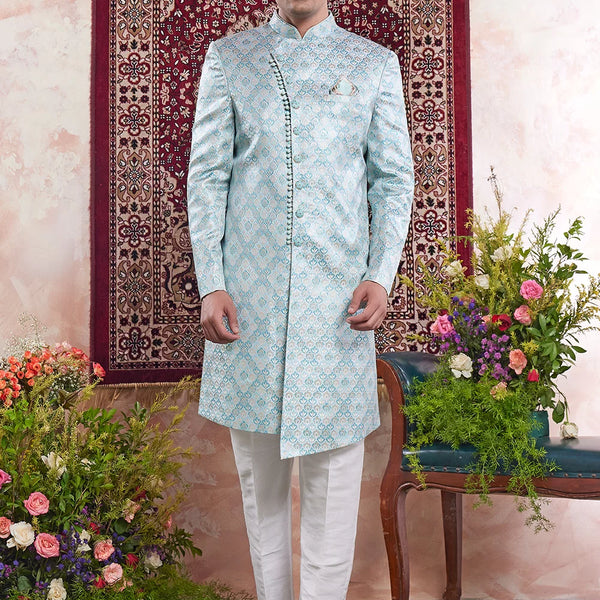 Raivat Ethnic Banarasi Jacquard Embroidery Indo Western Sherwani In Green Colour - Distacart