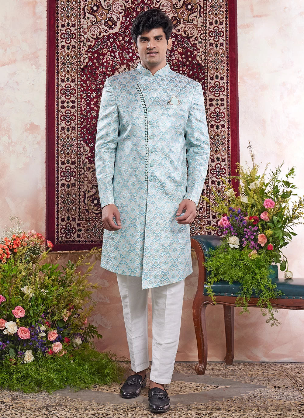 Raivat Ethnic Banarasi Jacquard Embroidery Indo Western Sherwani In Green Colour - Distacart