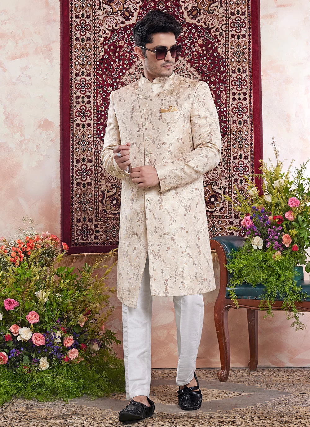 Raivat Ethnic Banarasi Jacquard Embroidery Indo Western Sherwani In Beige Colour - Distacart