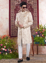 Thumbnail for Raivat Ethnic Banarasi Jacquard Embroidery Indo Western Sherwani In Beige Colour - Distacart