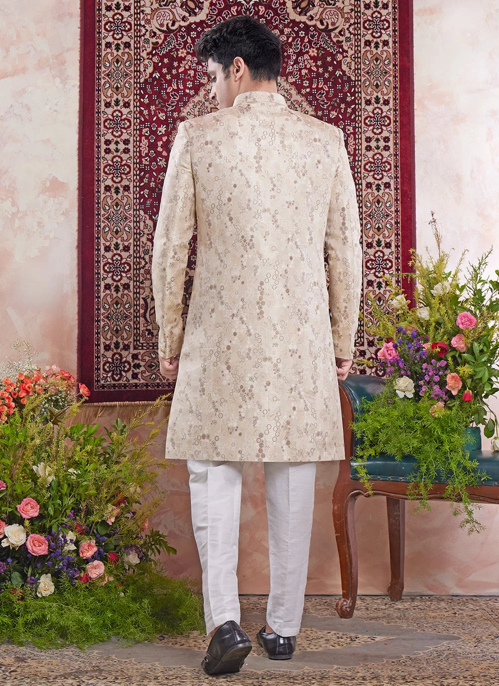 Raivat Ethnic Banarasi Jacquard Embroidery Indo Western Sherwani In Beige Colour - Distacart