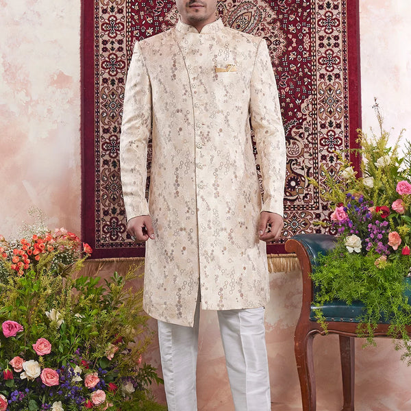 Raivat Ethnic Banarasi Jacquard Embroidery Indo Western Sherwani In Beige Colour - Distacart