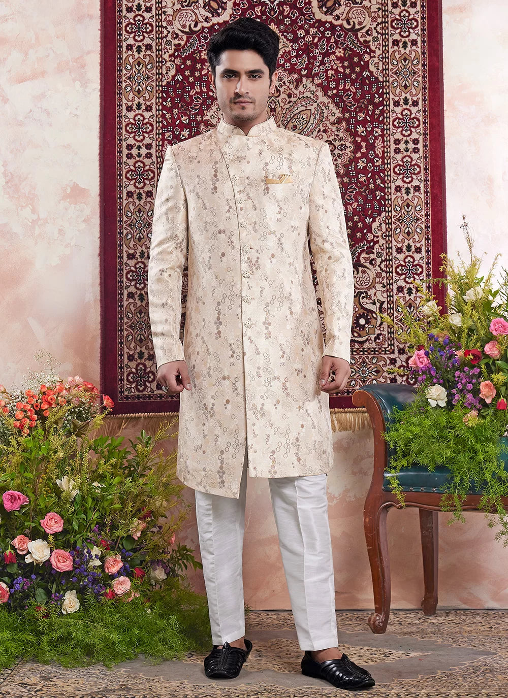 Raivat Ethnic Banarasi Jacquard Embroidery Indo Western Sherwani In Beige Colour