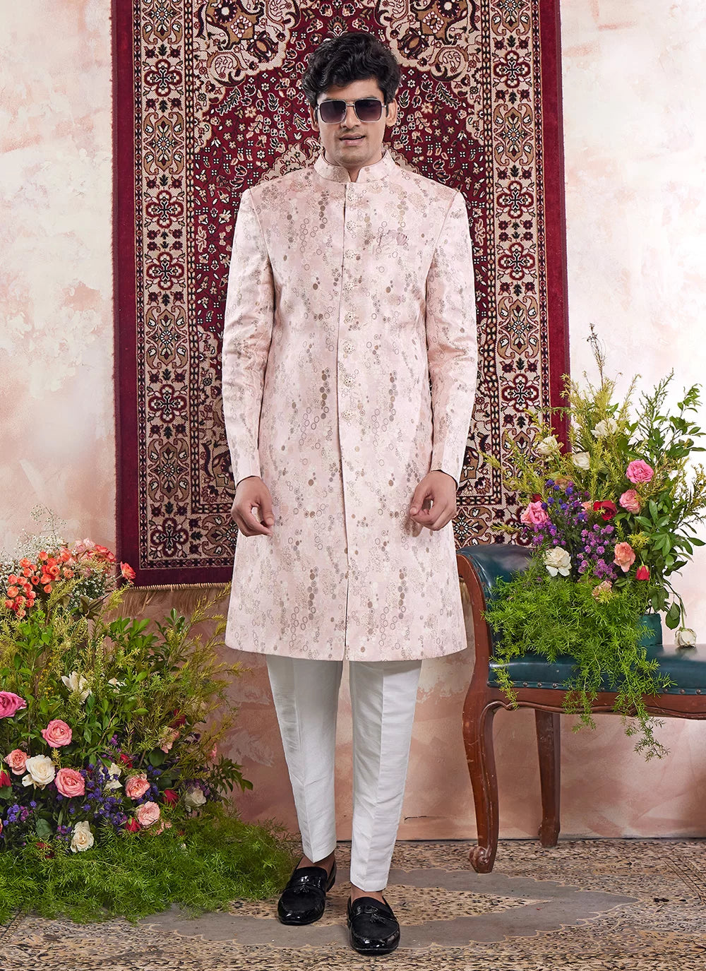 Raivat Ethnic Banarasi Jacquard Embroidery Indo Western Sherwani In Pink Colour - Distacart