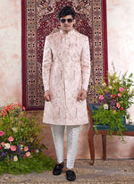 Thumbnail for Raivat Ethnic Banarasi Jacquard Embroidery Indo Western Sherwani In Pink Colour - Distacart