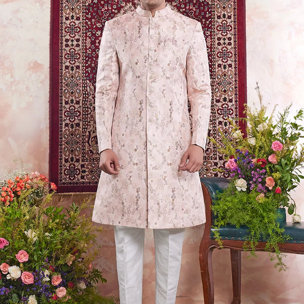 Raivat Ethnic Banarasi Jacquard Embroidery Indo Western Sherwani In Pink Colour - Distacart