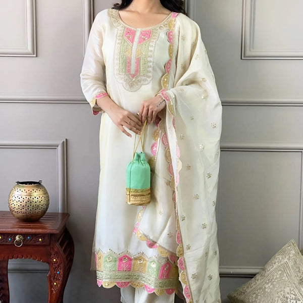 Vellora Viscose Chanderi White Festival Wear Sequins Work Readymade Kurti Set - Distacart