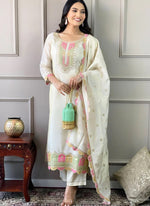 Thumbnail for Vellora Viscose Chanderi White Festival Wear Sequins Work Readymade Kurti Set