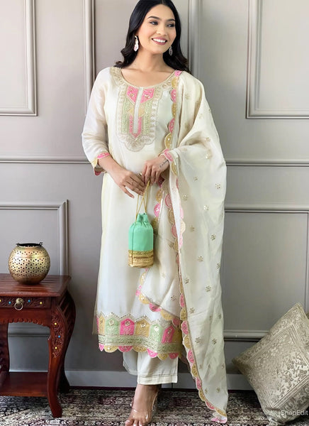 Vellora Viscose Chanderi White Festival Wear Sequins Work Readymade Kurti Set