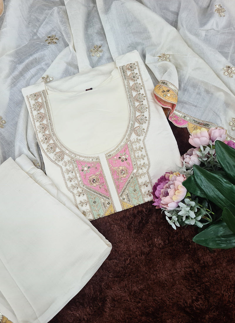 Vellora Viscose Chanderi White Festival Wear Sequins Work Readymade Kurti Set