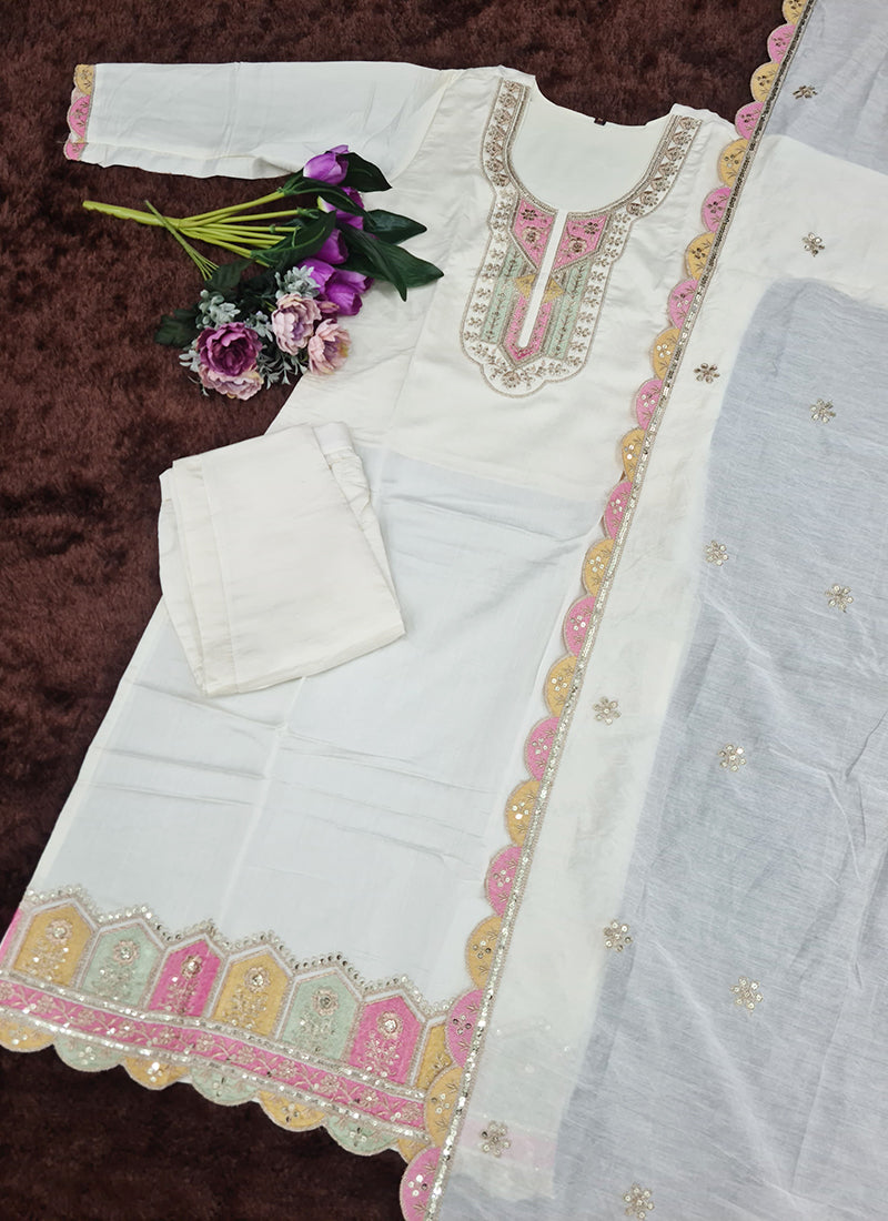 Vellora Viscose Chanderi White Festival Wear Sequins Work Readymade Kurti Set