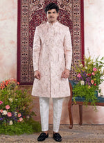 Thumbnail for Raivat Ethnic Banarasi Jacquard Embroidery Indo Western Sherwani In Pink Colour - Distacart