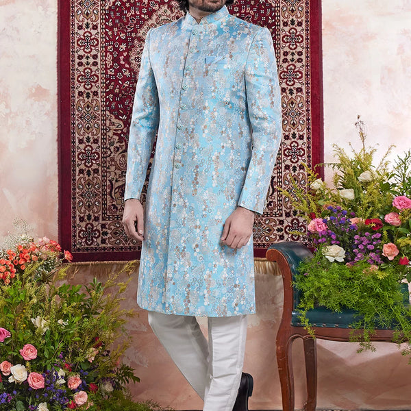 Raivat Ethnic Banarasi Jacquard Embroidery Indo Western Sherwani In Blue Colour - Distacart