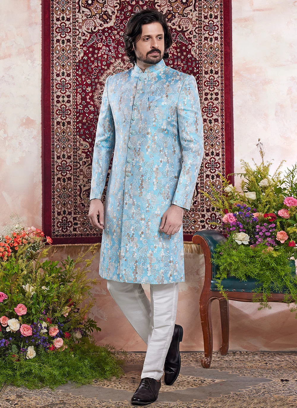 Raivat Ethnic Banarasi Jacquard Embroidery Indo Western Sherwani In Blue Colour - Distacart