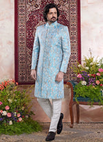 Thumbnail for Raivat Ethnic Banarasi Jacquard Embroidery Indo Western Sherwani In Blue Colour - Distacart
