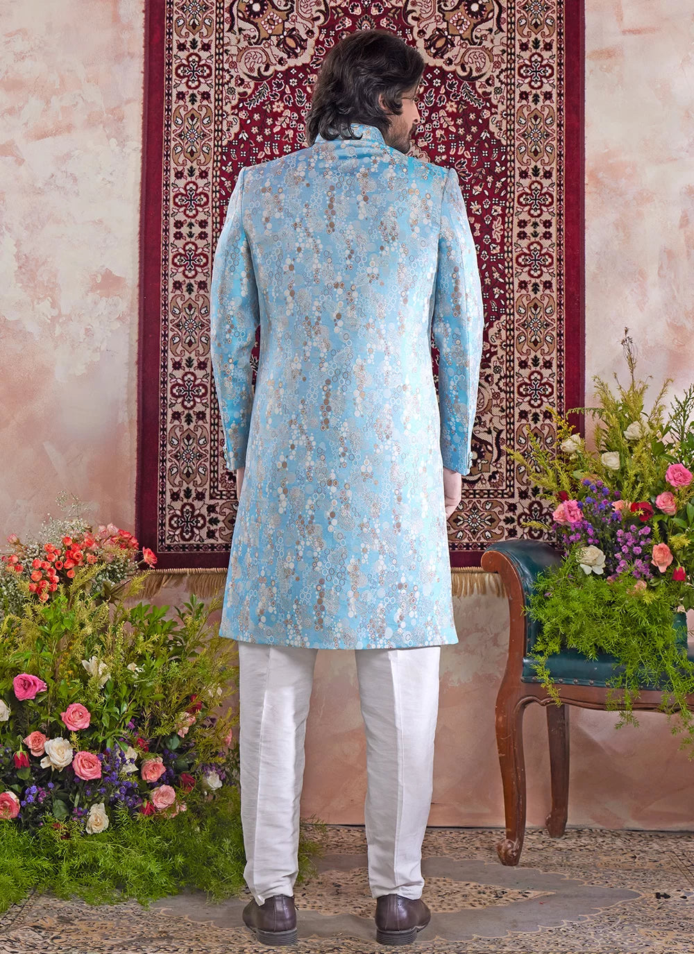 Raivat Ethnic Banarasi Jacquard Embroidery Indo Western Sherwani In Blue Colour - Distacart