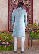 Thumbnail for Raivat Ethnic Banarasi Jacquard Embroidery Indo Western Sherwani In Blue Colour - Distacart