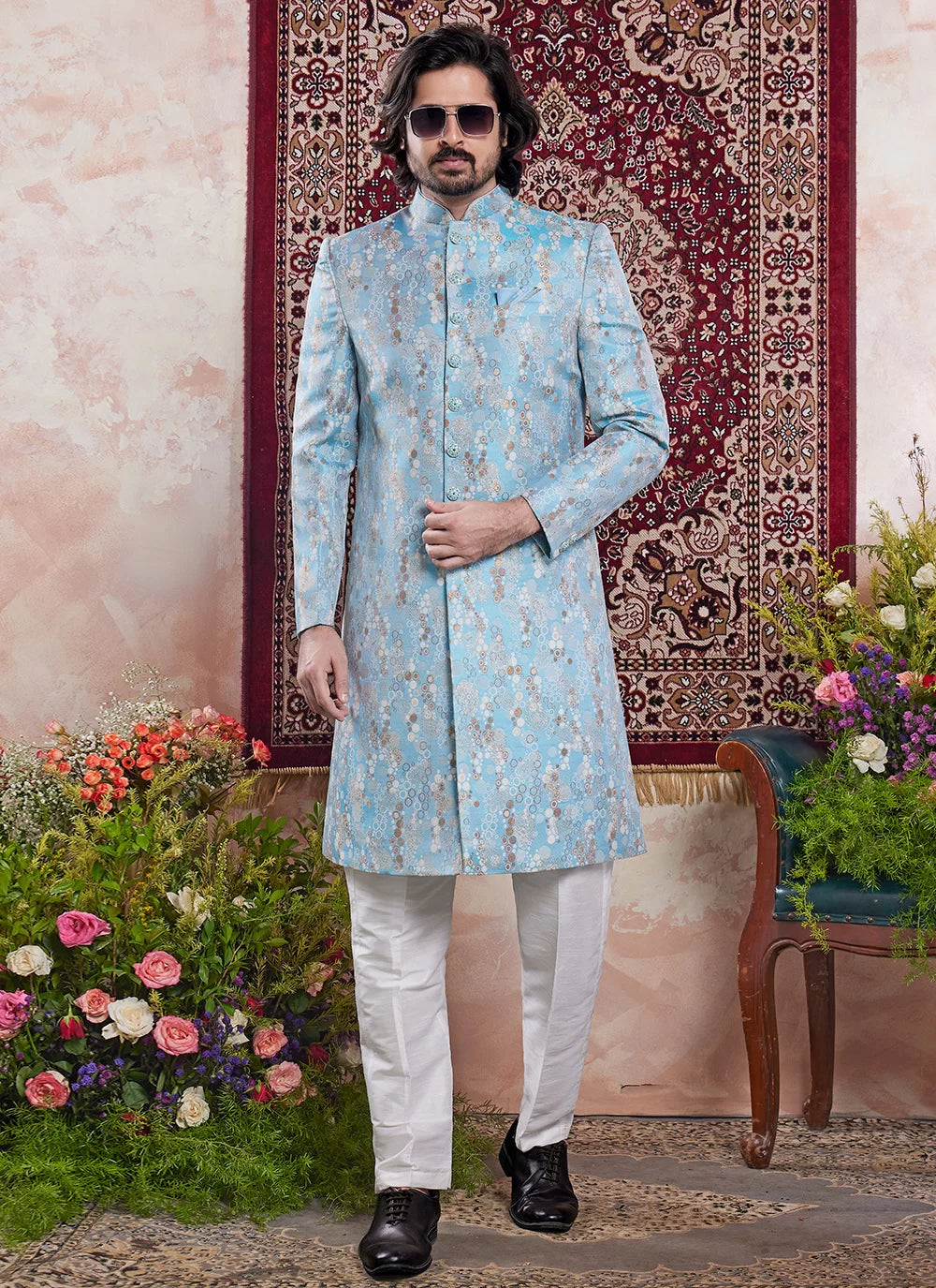 Raivat Ethnic Banarasi Jacquard Embroidery Indo Western Sherwani In Blue Colour - Distacart