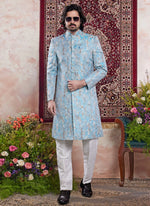Thumbnail for Raivat Ethnic Banarasi Jacquard Embroidery Indo Western Sherwani In Blue Colour - Distacart