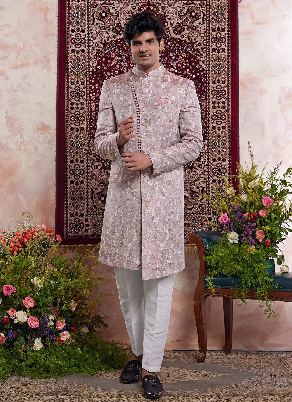 Raivat Ethnic Banarasi Jacquard Embroidery Indo Western Sherwani In Onion Pink Colour - Distacart