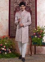 Thumbnail for Raivat Ethnic Banarasi Jacquard Embroidery Indo Western Sherwani In Onion Pink Colour - Distacart