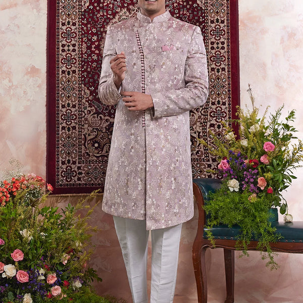 Raivat Ethnic Banarasi Jacquard Embroidery Indo Western Sherwani In Onion Pink Colour - Distacart