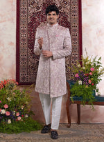 Thumbnail for Raivat Ethnic Banarasi Jacquard Embroidery Indo Western Sherwani In Onion Pink Colour - Distacart