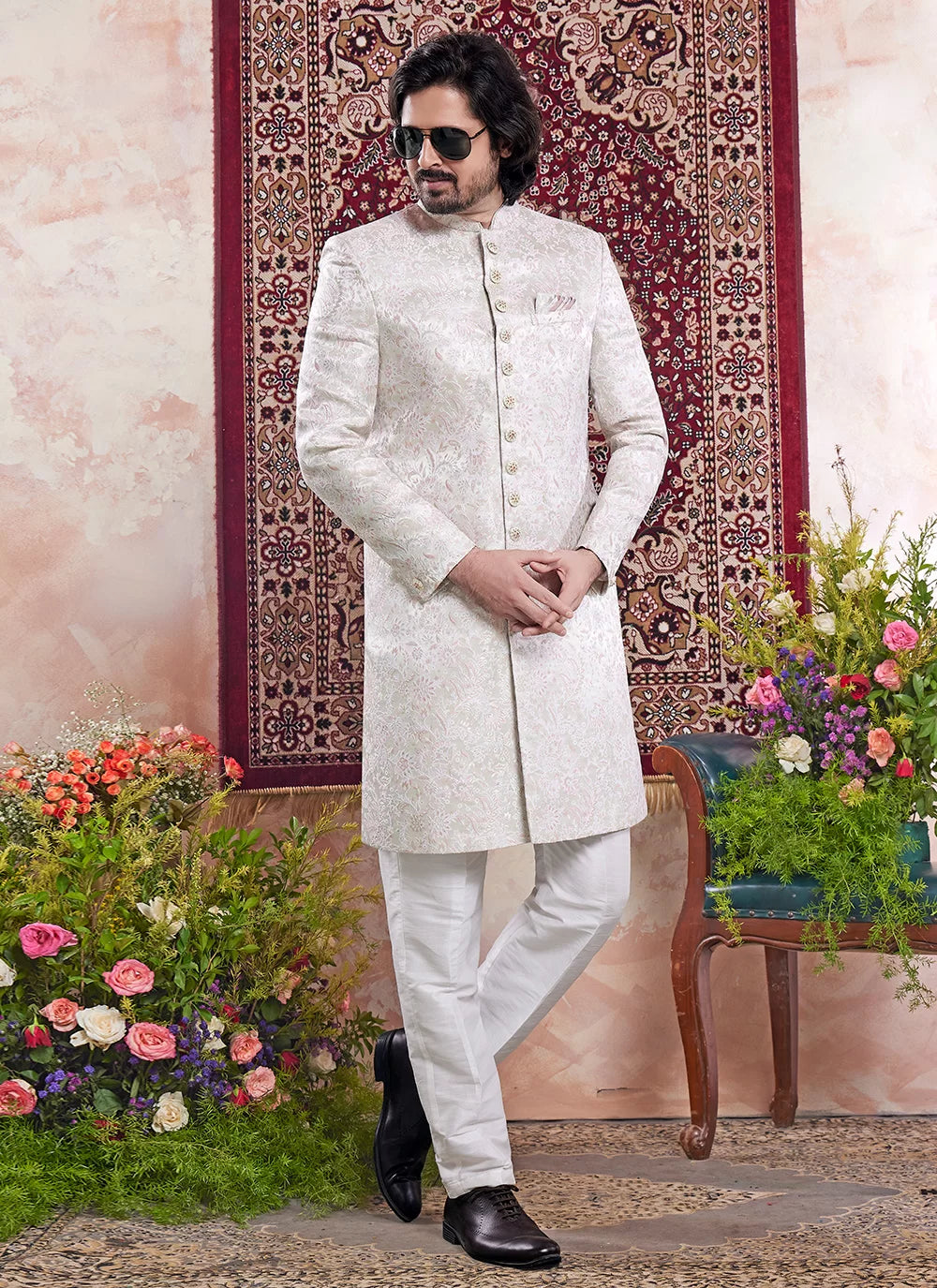 Raivat Ethnic Banarasi Jacquard Embroidery Indo Western Sherwani In Green Colour - Distacart