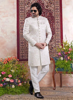 Thumbnail for Raivat Ethnic Banarasi Jacquard Embroidery Indo Western Sherwani In Green Colour - Distacart