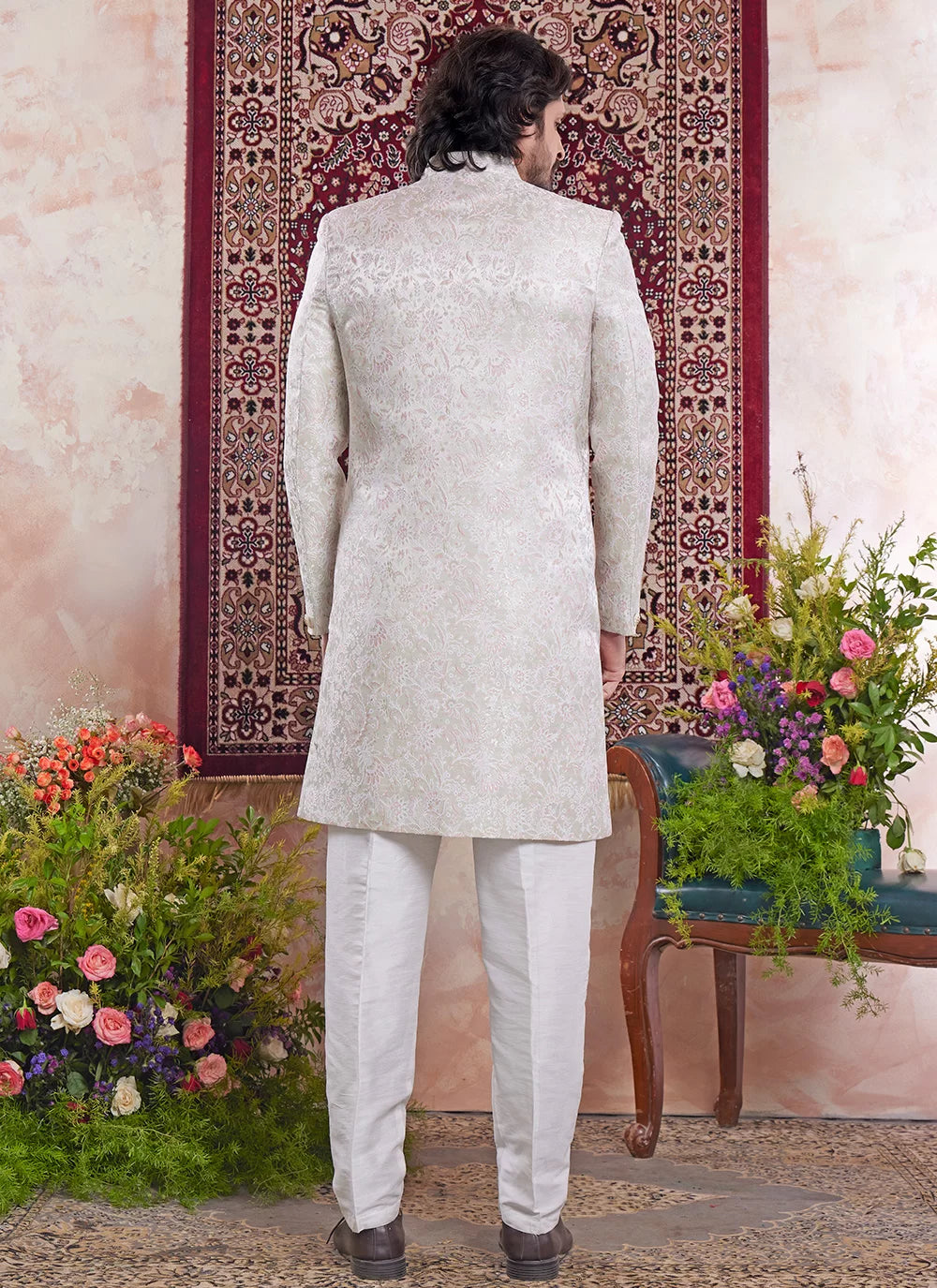 Raivat Ethnic Banarasi Jacquard Embroidery Indo Western Sherwani In Green Colour - Distacart