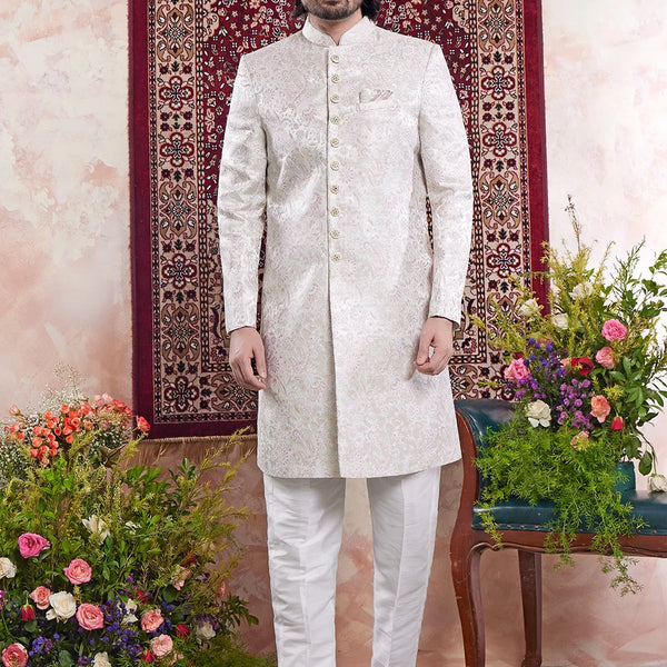 Raivat Ethnic Banarasi Jacquard Embroidery Indo Western Sherwani In Green Colour - Distacart
