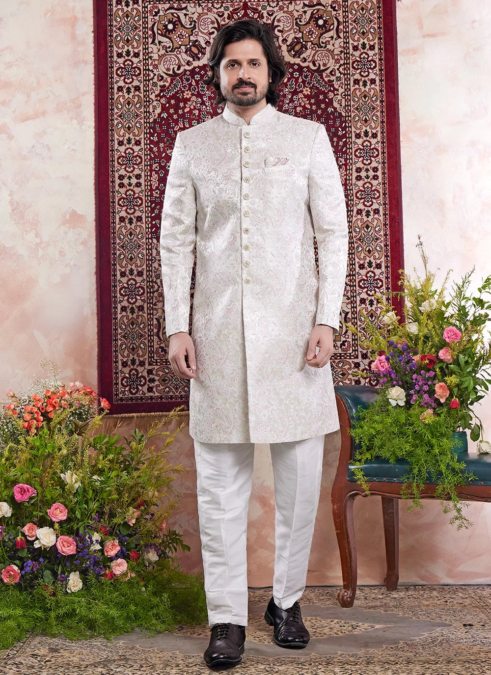 Raivat Ethnic Banarasi Jacquard Embroidery Indo Western Sherwani In Green Colour - Distacart