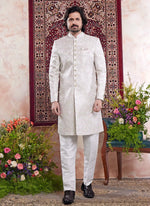 Thumbnail for Raivat Ethnic Banarasi Jacquard Embroidery Indo Western Sherwani In Green Colour - Distacart