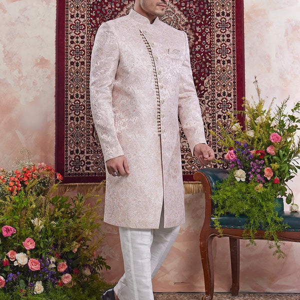 Raivat Ethnic Banarasi Jacquard Embroidery Indo Western Sherwani In Peach Pink Colour - Distacart
