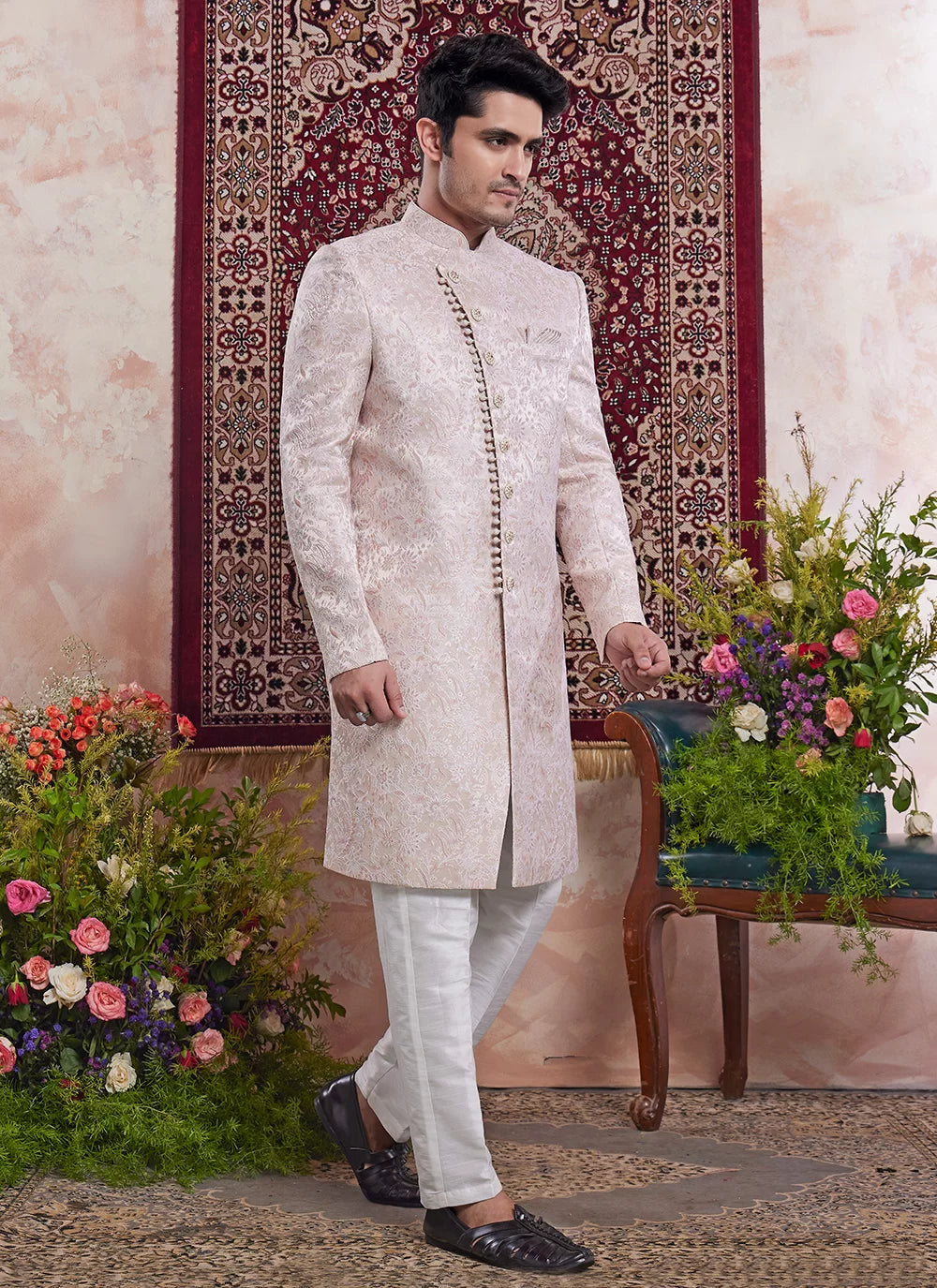 Raivat Ethnic Banarasi Jacquard Embroidery Indo Western Sherwani In Peach Pink Colour