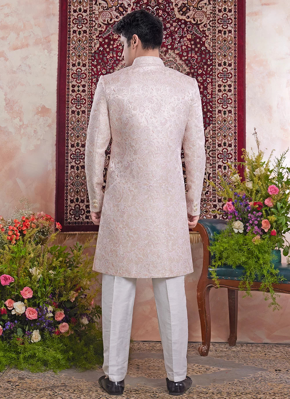 Raivat Ethnic Banarasi Jacquard Embroidery Indo Western Sherwani In Peach Pink Colour - Distacart
