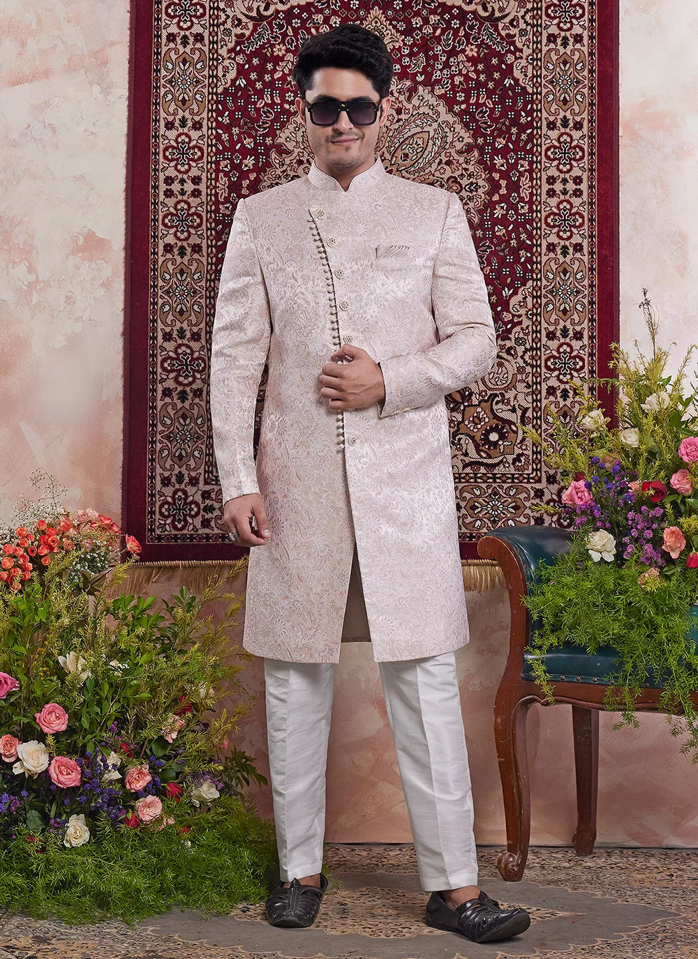 Raivat Ethnic Banarasi Jacquard Embroidery Indo Western Sherwani In Peach Pink Colour - Distacart
