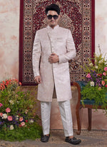 Thumbnail for Raivat Ethnic Banarasi Jacquard Embroidery Indo Western Sherwani In Peach Pink Colour - Distacart