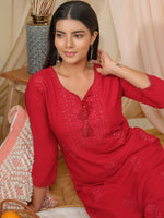 Thumbnail for Ode by House of Pataudi Floral Embroidered Tie-Up Neck Thread Work Straight Kurta - Distacart