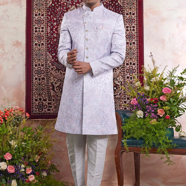 Raivat Ethnic Banarasi Jacquard Embroidery Indo Western Sherwani In Blue Colour - Distacart