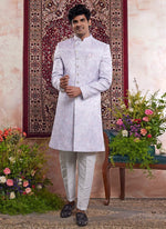Thumbnail for Raivat Ethnic Banarasi Jacquard Embroidery Indo Western Sherwani In Blue Colour - Distacart