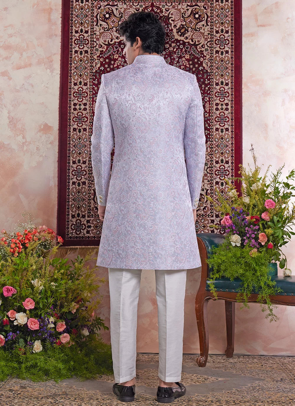 Raivat Ethnic Banarasi Jacquard Embroidery Indo Western Sherwani In Blue Colour - Distacart