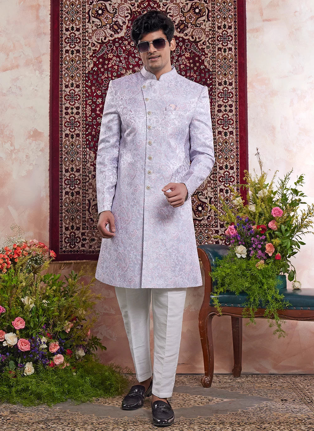 Raivat Ethnic Banarasi Jacquard Embroidery Indo Western Sherwani In Blue Colour - Distacart
