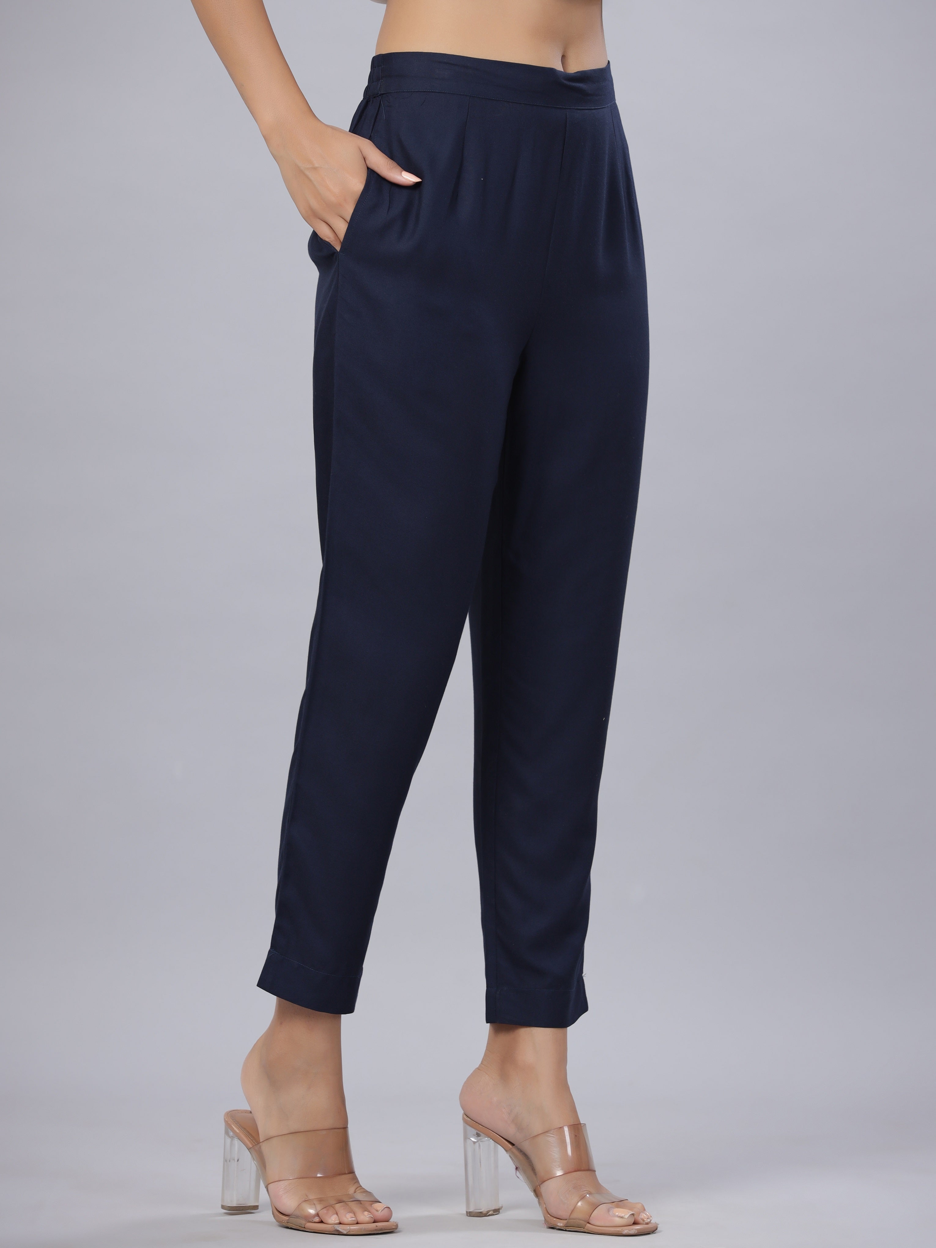Juniper Navy Soild Liva Rayon Pants With A Pocket - Distacart