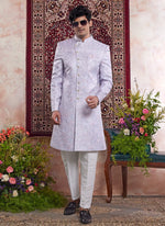 Thumbnail for Raivat Ethnic Banarasi Jacquard Embroidery Indo Western Sherwani In Blue Colour - Distacart