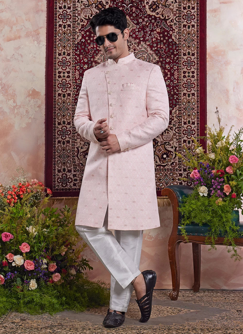 Raivat Ethnic Banarasi Jacquard Embroidery Indo Western Sherwani In Pink Colour - Distacart